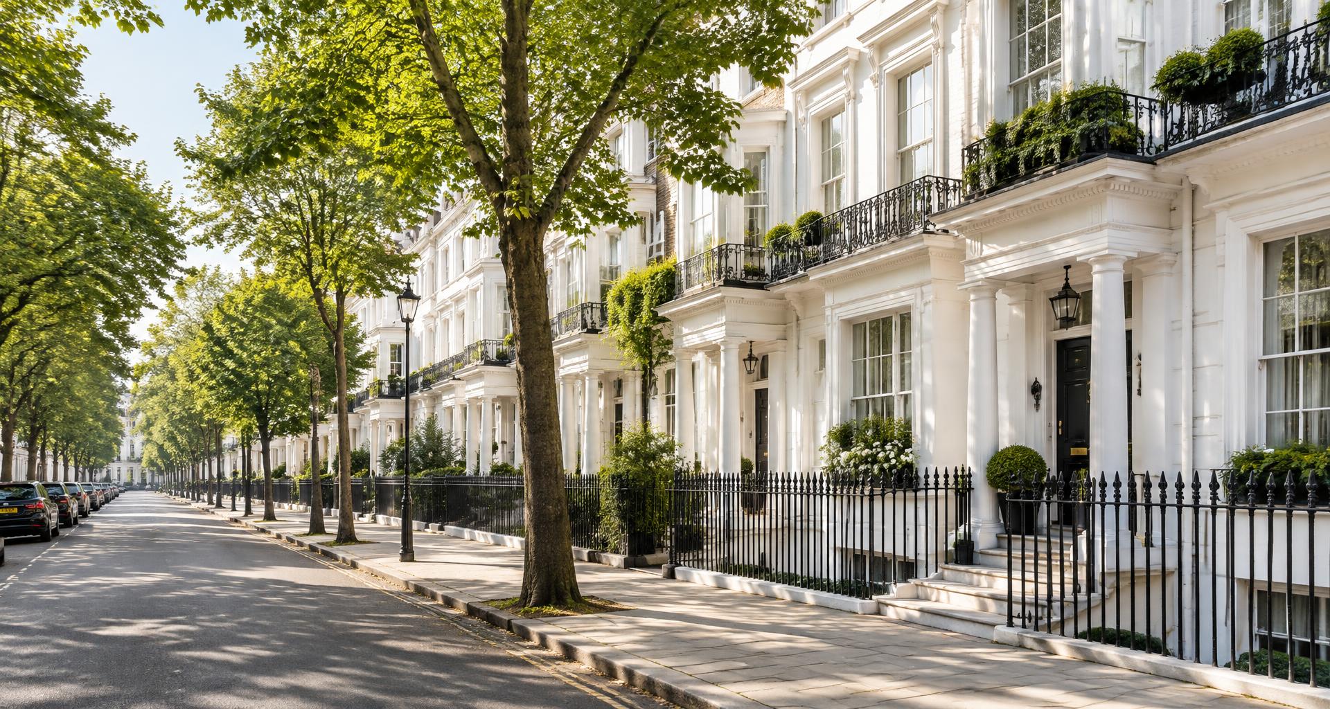 Leafy residential street with traditional London townhouses